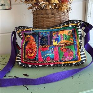 Laurel Burch Dog themed shoulder bag Bold colorful Tote Top zipper Vibrant purse